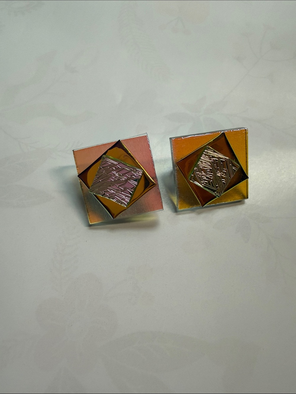 Geometric Iridescent Dichroic Glass Square Earrings - Clip on